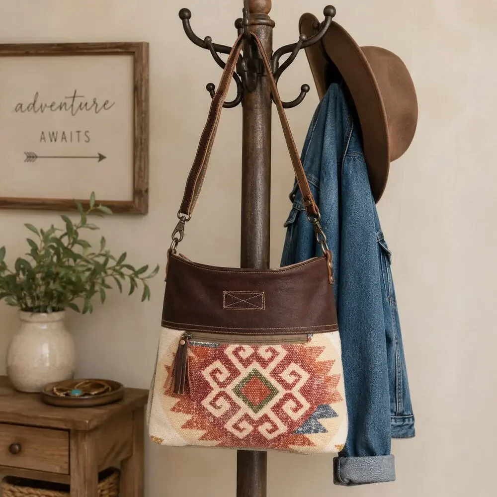 Myra Crimson Rug-Canvas-Genuine Leather Crossbody Bag Southwest Boho Hippie